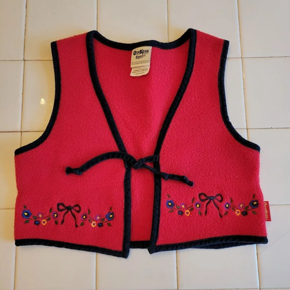 Oshkosh 4 Fleece Red‎ Vest Embroidered Flowers Cosplay Costume